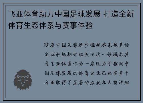 飞亚体育助力中国足球发展 打造全新体育生态体系与赛事体验