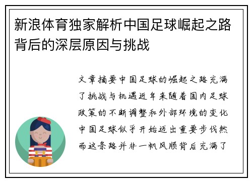 新浪体育独家解析中国足球崛起之路背后的深层原因与挑战