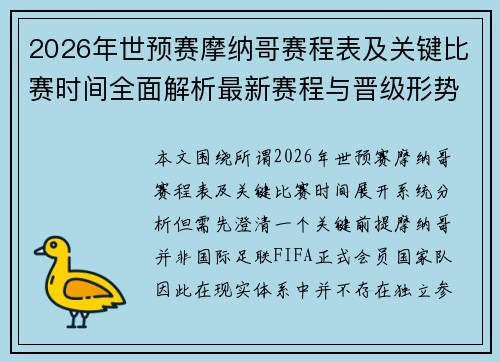 2026年世预赛摩纳哥赛程表及关键比赛时间全面解析最新赛程与晋级形势 2026年世预赛摩纳哥赛程表及关键比赛时间全面解析最新赛程与晋级形势