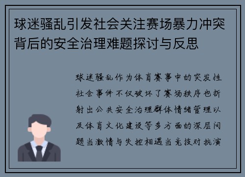 球迷骚乱引发社会关注赛场暴力冲突背后的安全治理难题探讨与反思