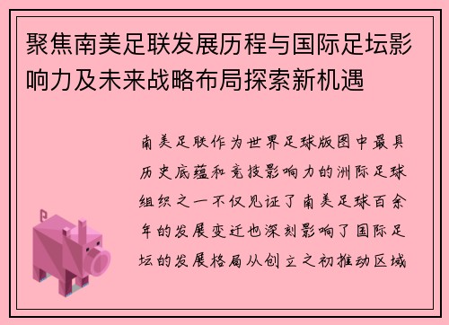 聚焦南美足联发展历程与国际足坛影响力及未来战略布局探索新机遇